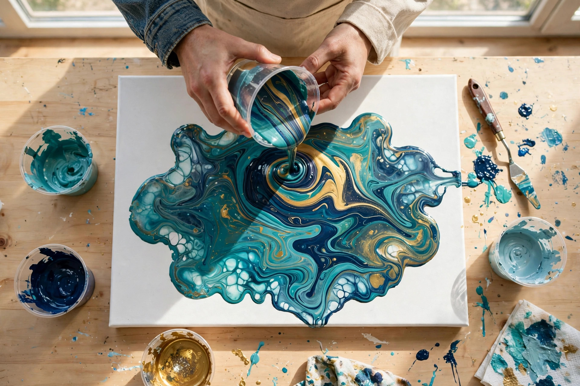 Hands pouring layered teal, navy and gold acrylic paint from a cup onto a canvas, mid-pour, in a bright studio